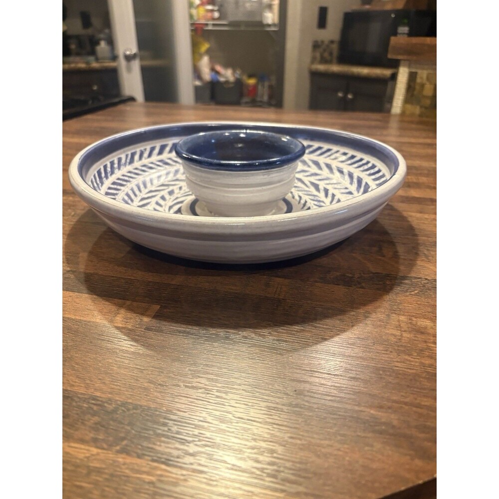 Ceramic Art Pottery Blue White Leaf Chip & Dip Plate Set Glossy Handmade Signed